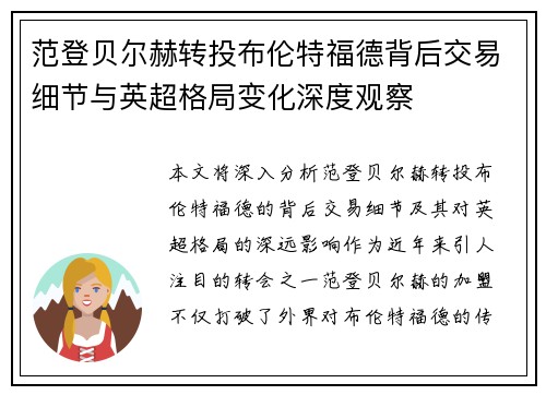 范登贝尔赫转投布伦特福德背后交易细节与英超格局变化深度观察